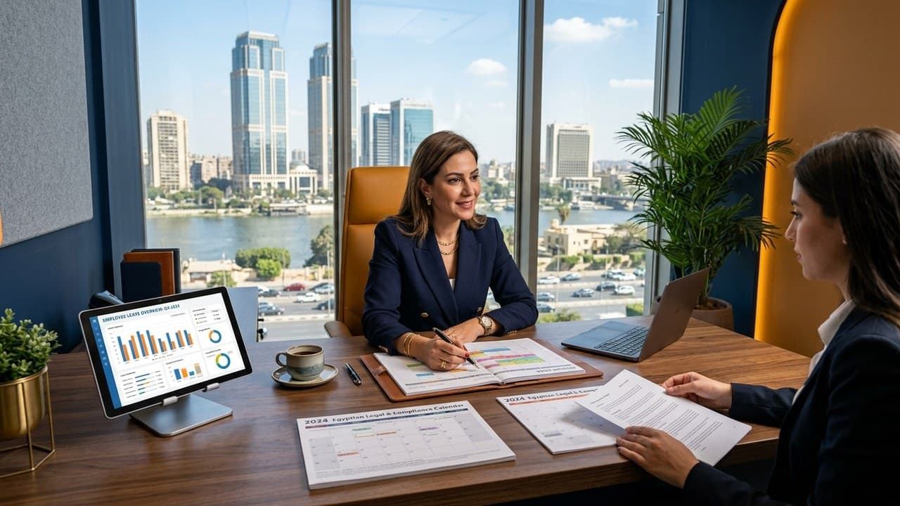 HR consulting executive and corporate payroll specialist reviewing employee leave calendar and labor law compliance files
