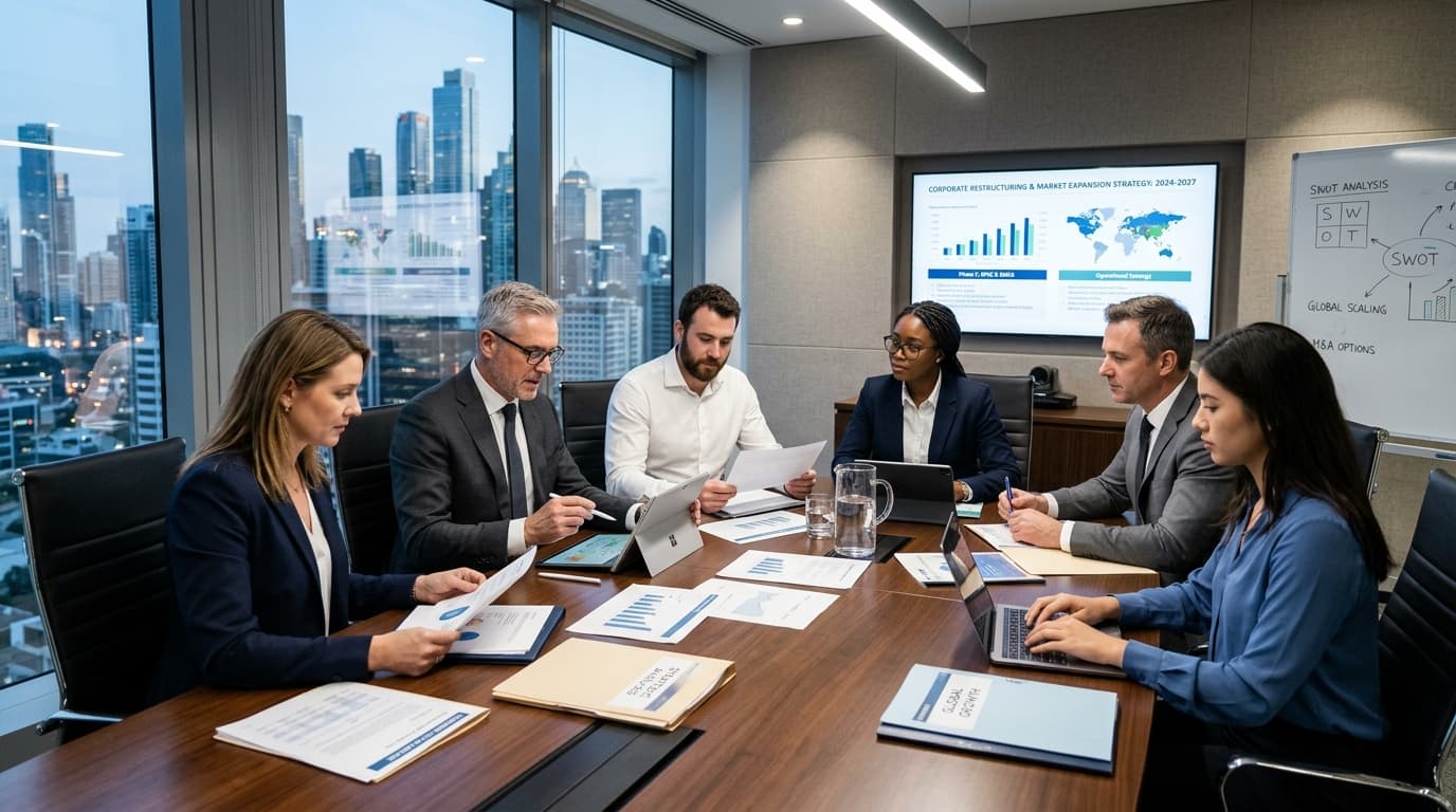 Stock photo of four people in a bright office, one standing and presenting a task board while the others watch from sofas