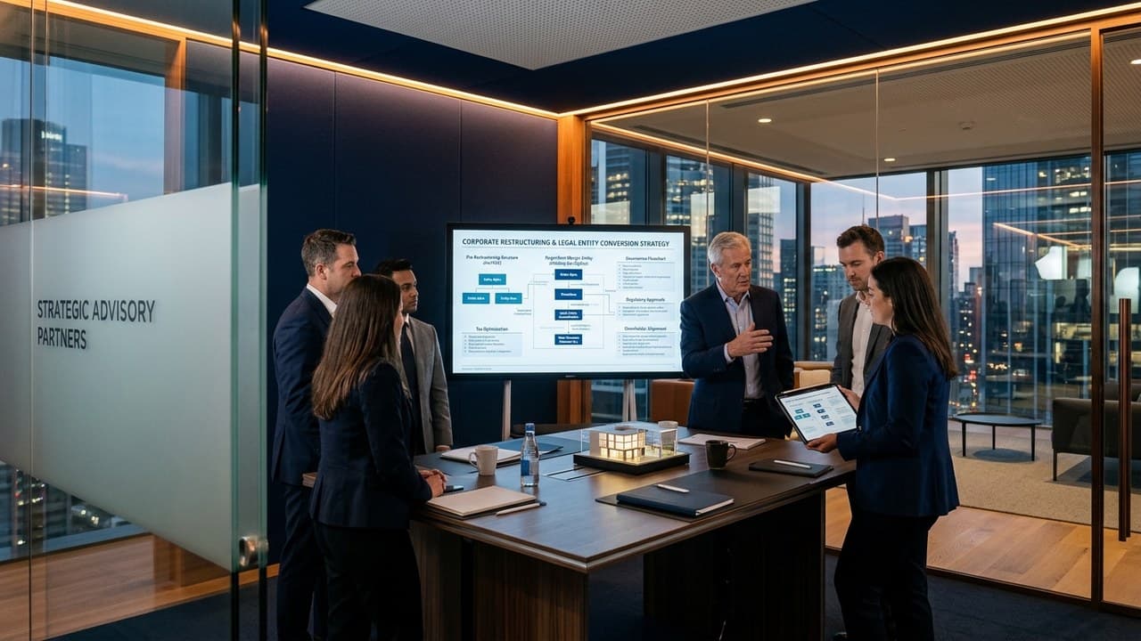 Corporate strategy team reviewing legal entity conversion and business restructuring roadmap