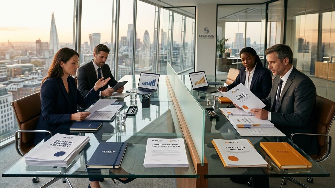 Executive board members reviewing corporate demerger agreements and financial division plans