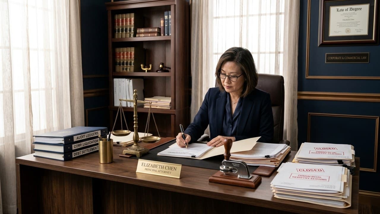 Principal legal auditor reviewing corporate liquidation audit ledgers, settlement filings, and commercial register closing dossiers