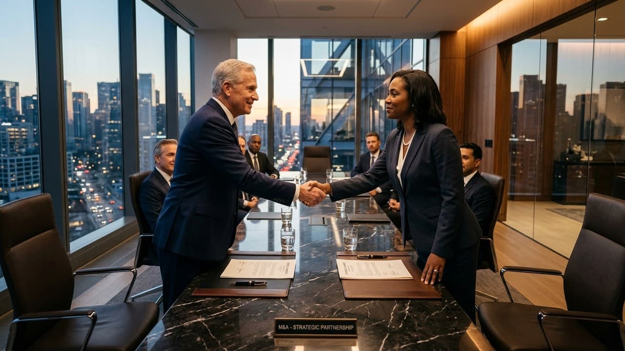 Corporate executives shaking hands across marble conference table finalizing a strategic merger agreement