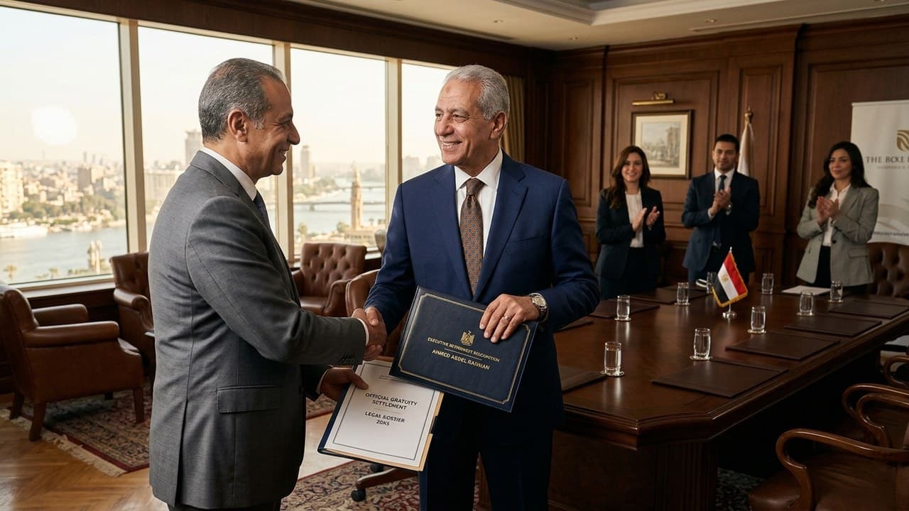 Senior Egyptian corporate executive receiving official retirement recognition portfolio and end of service gratuity settlement dossier in a boardroom