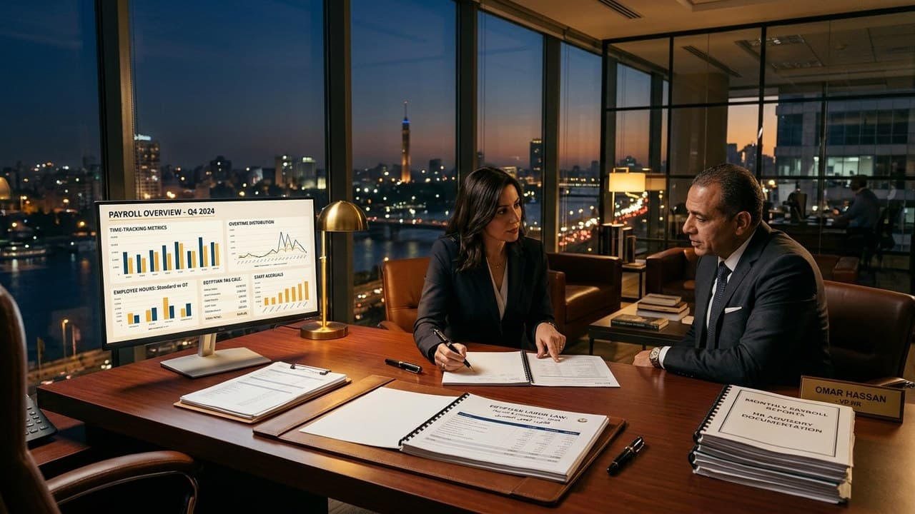 Corporate payroll and legal consultants reviewing overtime calculations and statutory employee dues in an executive office overlooking Cairo