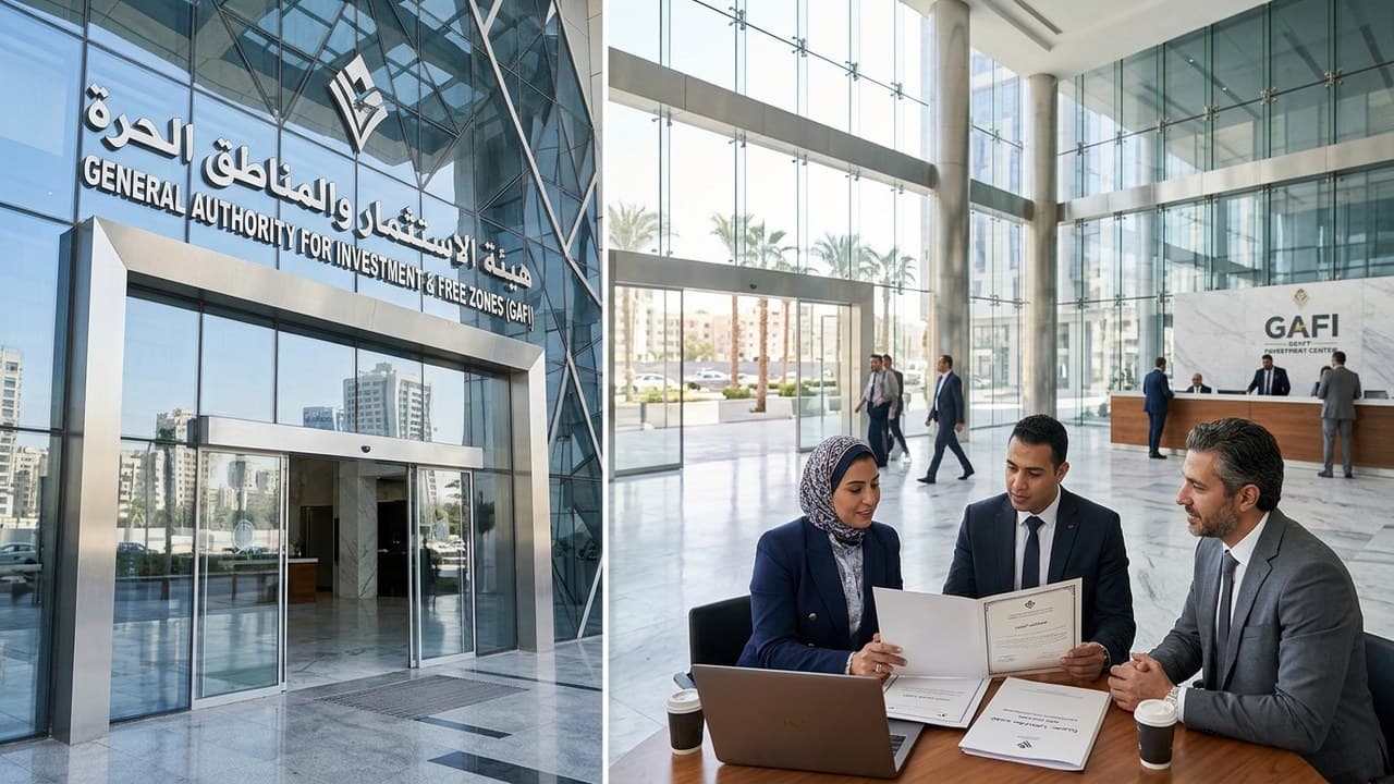Entrepreneurs and business consultants reviewing company formation options inside GAFI investment center lobby in Egypt